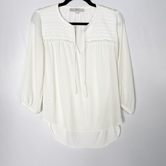 LOFT Ivory XSmall XS Tie Front Blouse Top Quilted Detail Yoke 3/4 Sleeve - Picture 1 of 8